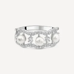 Sterling Silver 4.5-5mm Pearl & Cubic Zirconia Wave Ring