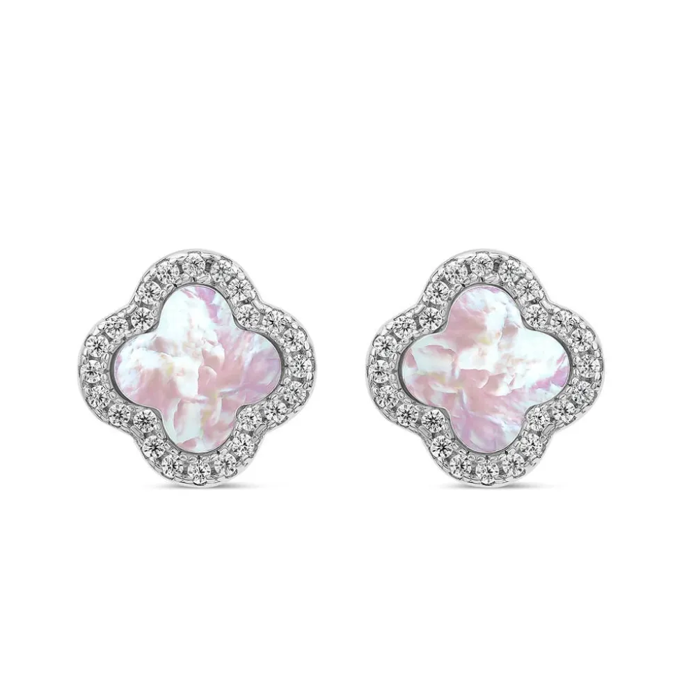 Sterling Silver Mother of Pearl & Cubic Zirconia Clover Petal Stud Earrings