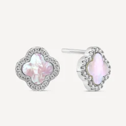 Sterling Silver Mother of Pearl & Cubic Zirconia Clover Petal Stud Earrings