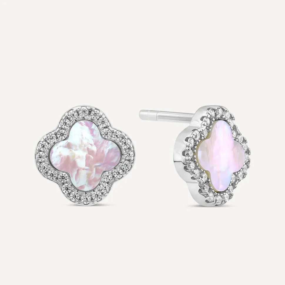 Sterling Silver Mother of Pearl & Cubic Zirconia Clover Petal Stud Earrings