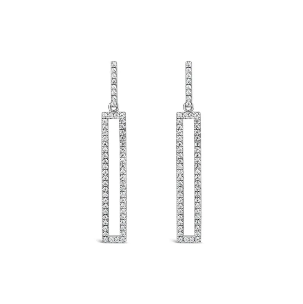 Sterling Silver Open Rectangle Cubic Zirconia Pave Set Drop Earrings