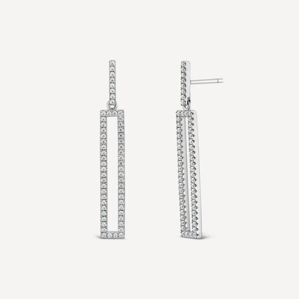 Sterling Silver Open Rectangle Cubic Zirconia Pave Set Drop Earrings