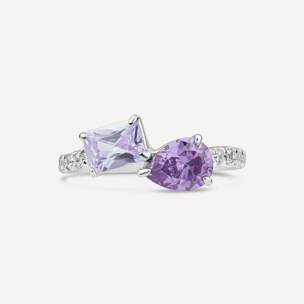 Sterling Silver Pear & Emerald Cut Purple & Lavender Cubic Zirconia Toi Et Moi Shoulders Ring
