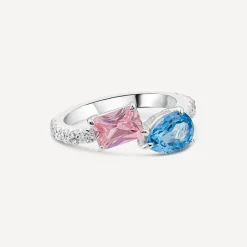 Sterling Silver Pear & Emerald Cut Blue & Pink Cubic Zirconia Toi Et Moi Shoulders Ring
