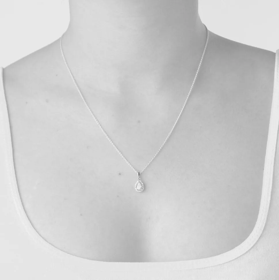 Sterling Silver Pear Cubic Zirconia Halo Pendant (Chain Included)