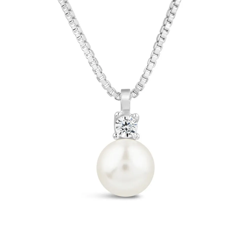 Sterling Silver Pearl & Cubic Zirconia Top Necklet