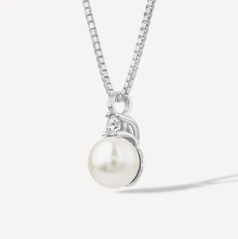 Sterling Silver Pearl & Cubic Zirconia Top Necklet