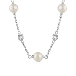 Sterling Silver Pearl and Rubover Cubic Zirconia Chain Necklet