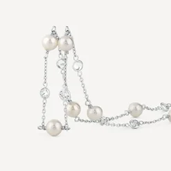 Sterling Silver Pearl and Rubover Cubic Zirconia Chain Necklet