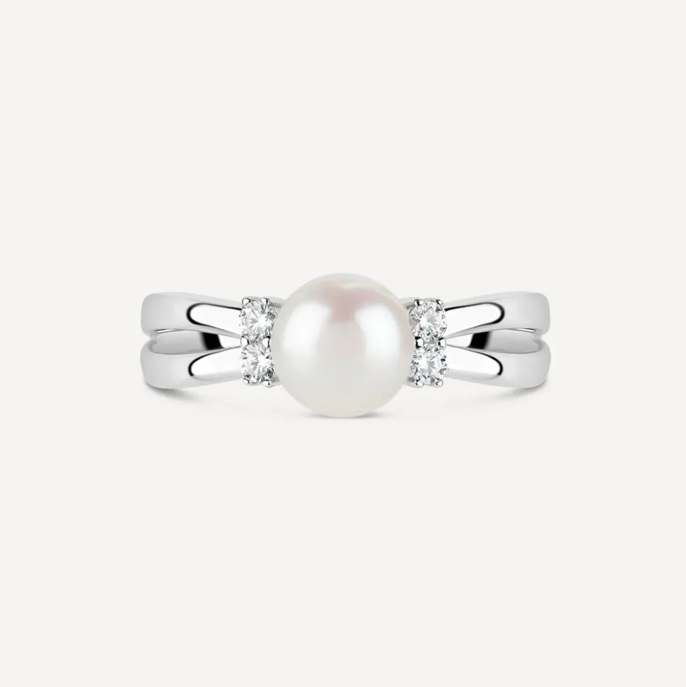 Sterling Silver Pearl and Cubic Zirconia Split Shoulder Ring