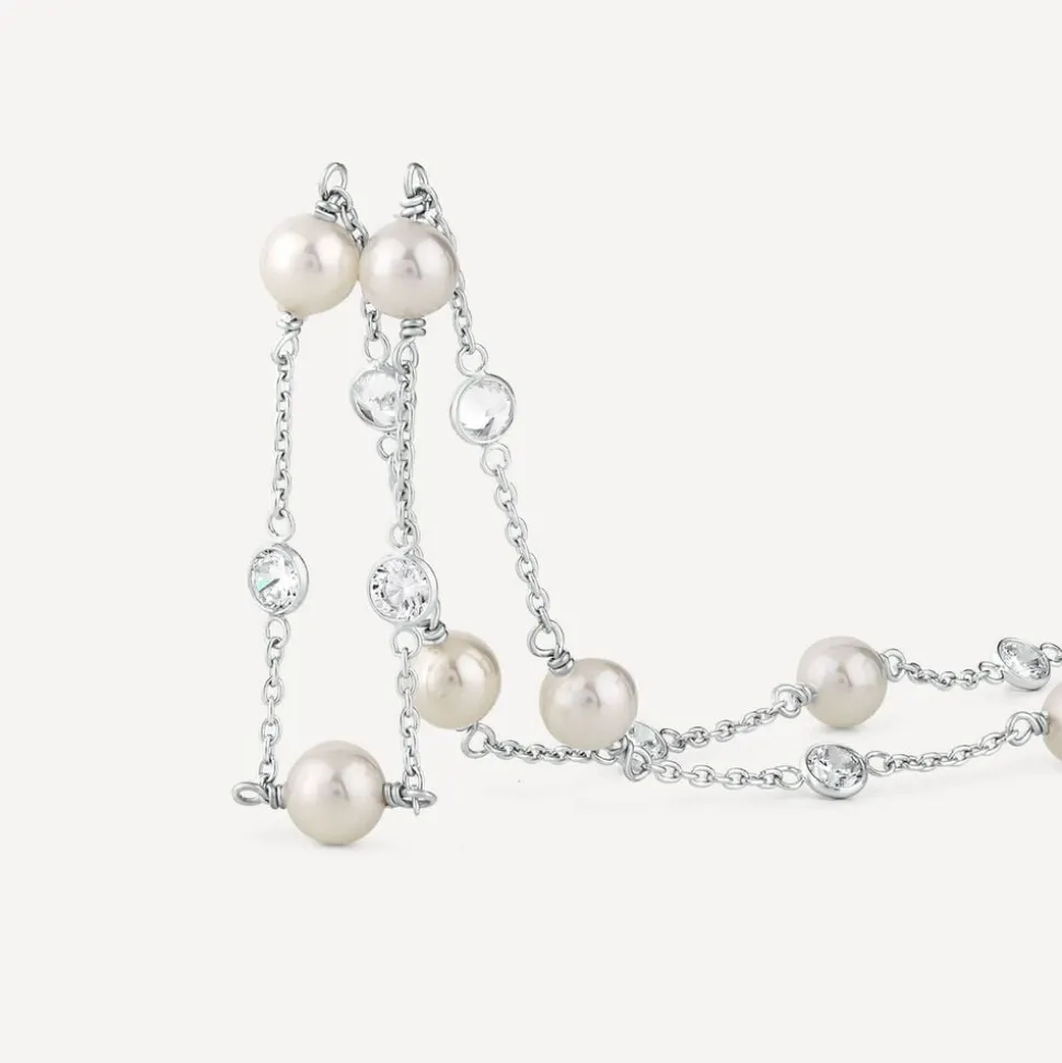Sterling Silver Pearl and Rubover Cubic Zirconia Chain Necklet