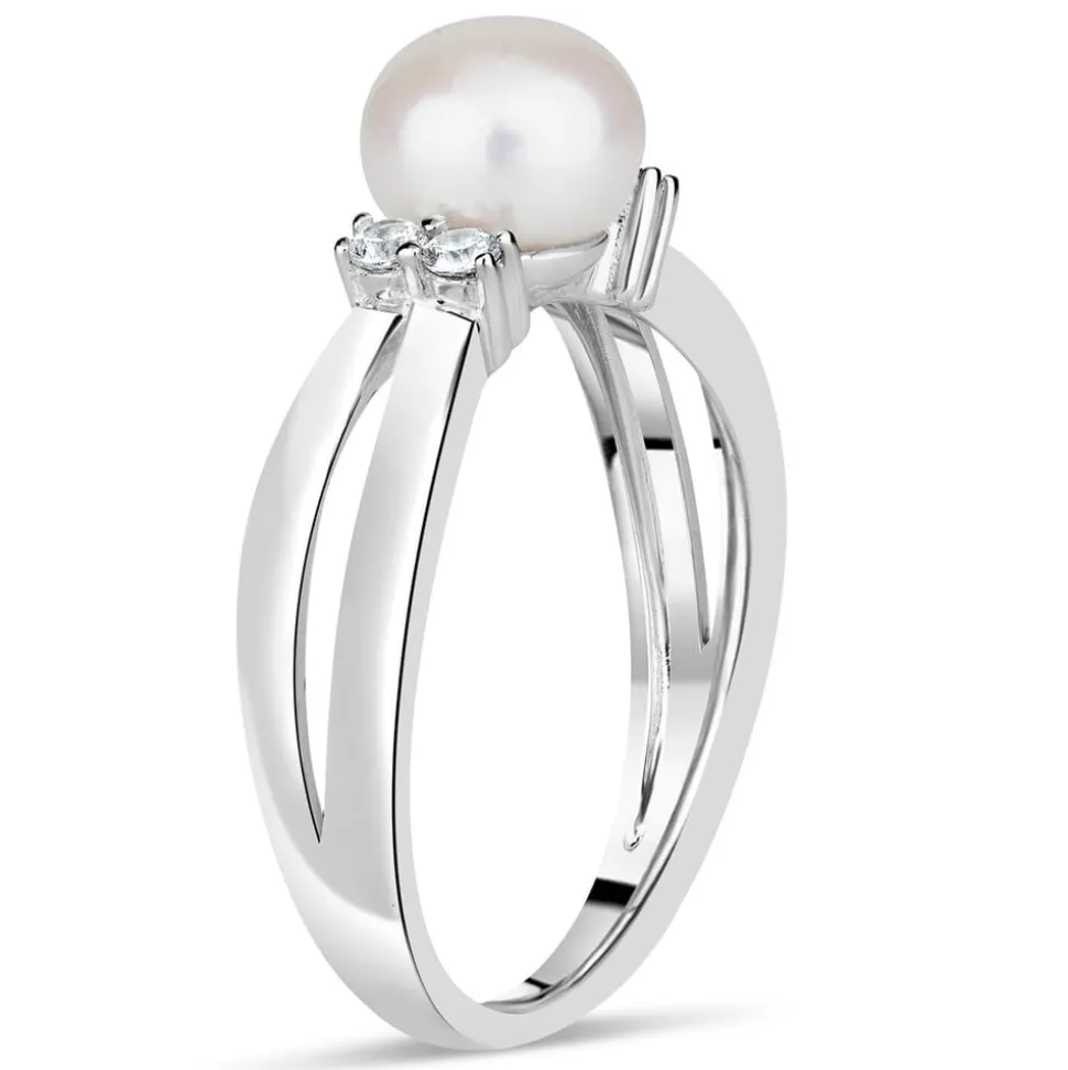 Sterling Silver Pearl and Cubic Zirconia Split Shoulder Ring