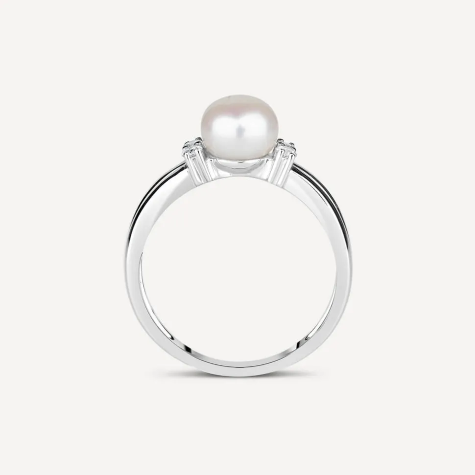 Sterling Silver Pearl and Cubic Zirconia Split Shoulder Ring