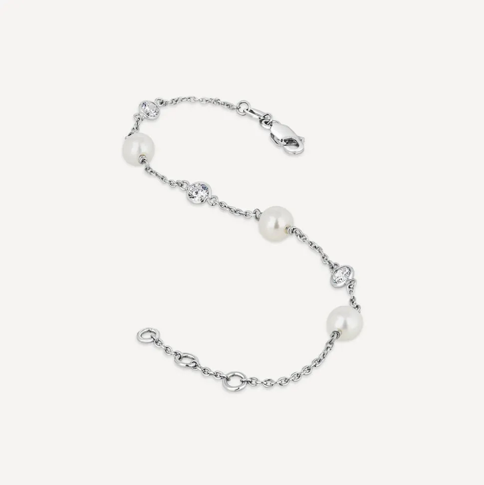 Sterling Silver Pearl and Round Over Cubic Zirconia Chain Bracelet