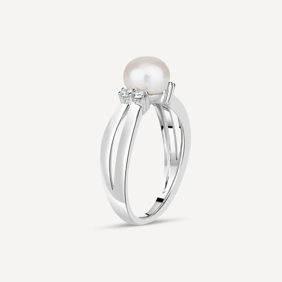 Sterling Silver Pearl and Cubic Zirconia Split Shoulder Ring