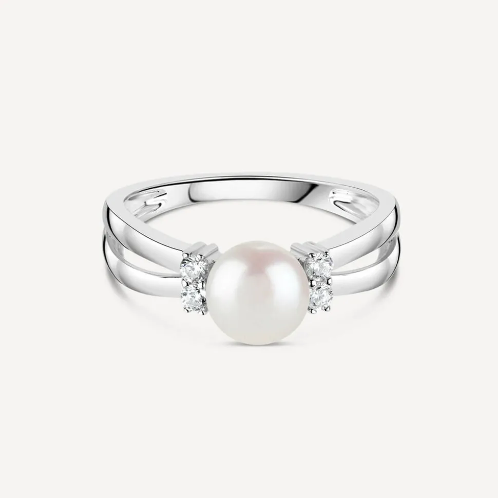 Sterling Silver Pearl and Cubic Zirconia Split Shoulder Ring
