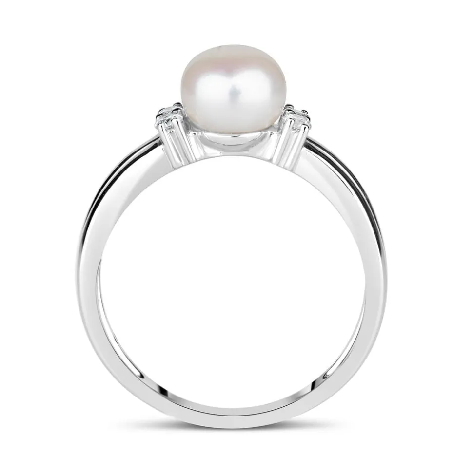 Sterling Silver Pearl and Cubic Zirconia Split Shoulder Ring