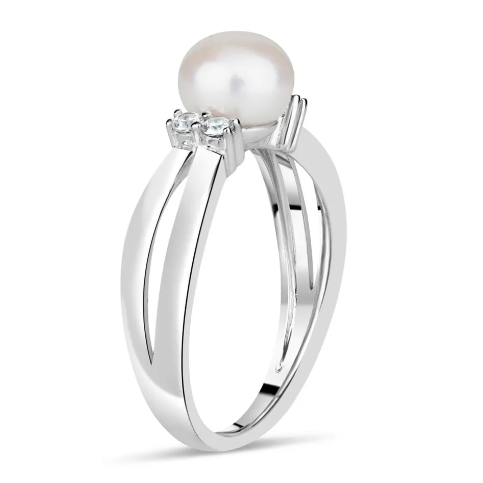 Sterling Silver Pearl and Cubic Zirconia Split Shoulder Ring