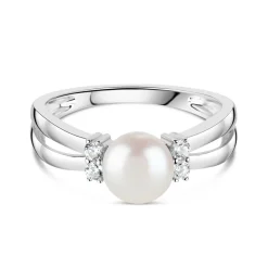 Sterling Silver Pearl and Cubic Zirconia Split Shoulder Ring