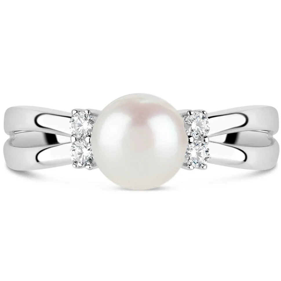 Sterling Silver Pearl and Cubic Zirconia Split Shoulder Ring