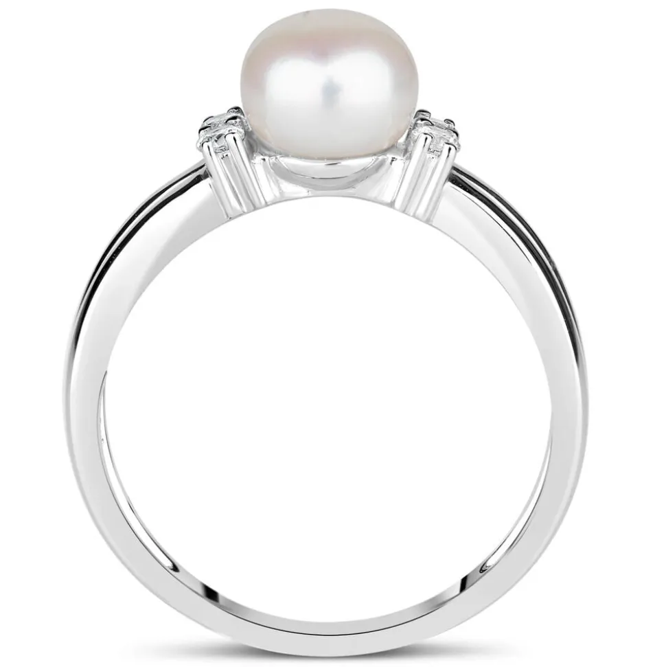 Sterling Silver Pearl and Cubic Zirconia Split Shoulder Ring