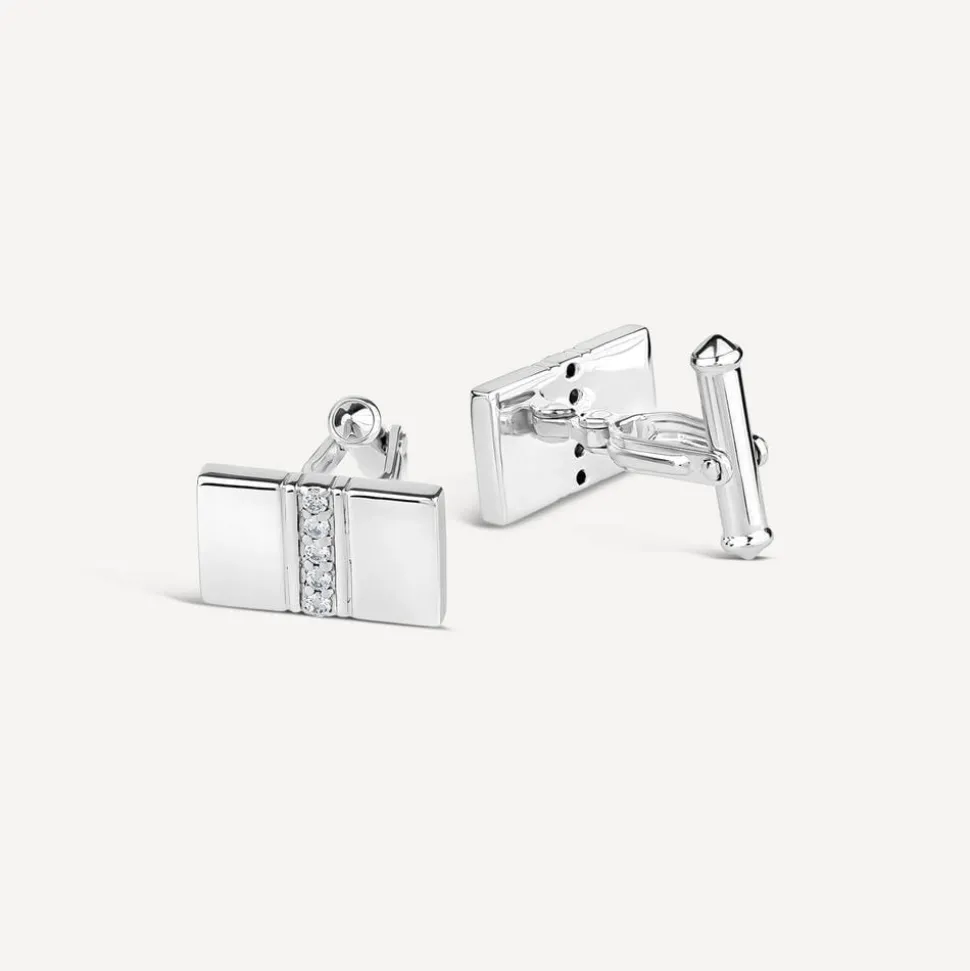 Sterling Silver Rectangular Cubic Zirconia Four Line Centre Cufflinks