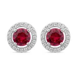 Sterling Silver Red Centre Stone & Cubic Zirconia Halo Stud Earrings