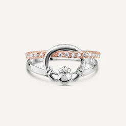 Sterling Silver Rose Gold Plated Cubic Zirconia Claddagh Ring