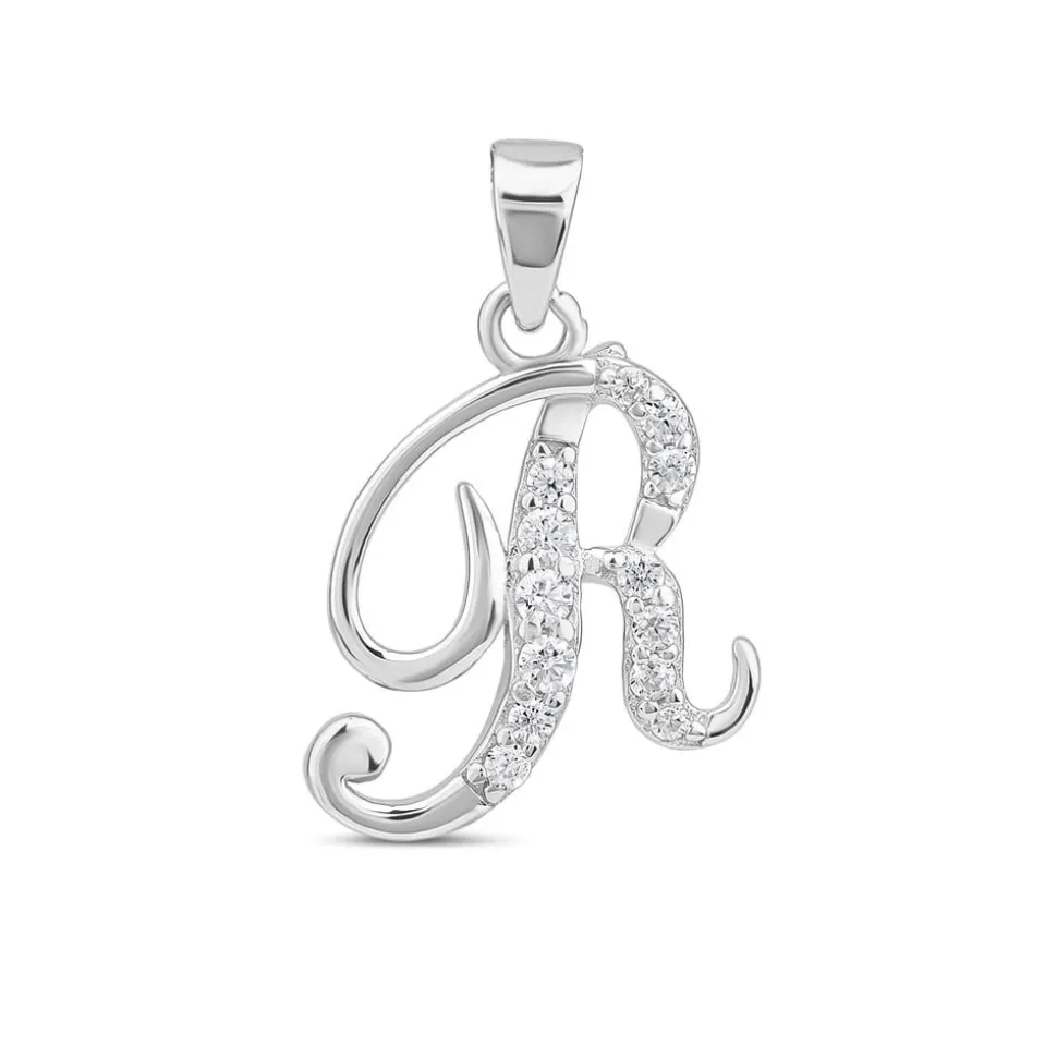 Sterling Silver Script Cubic Zirconia Initial R Pendant