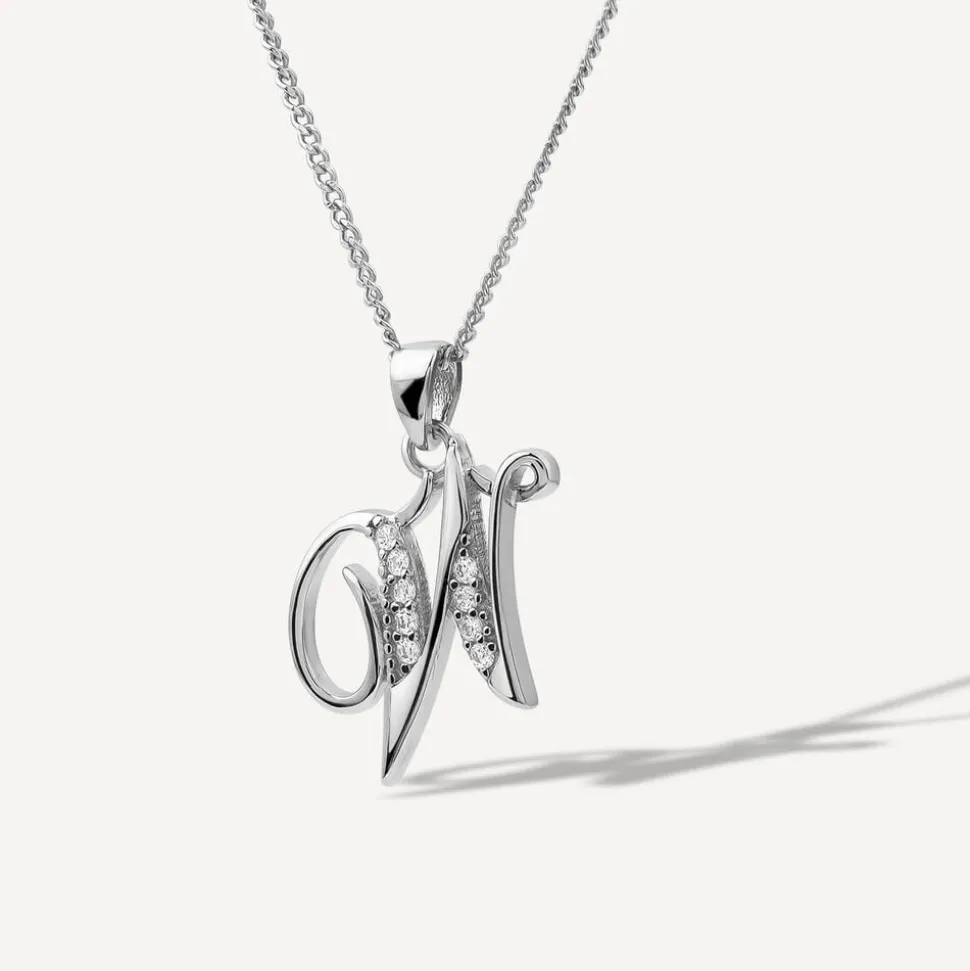 Sterling Silver Script Cubic Zirconia Initial W Pendant