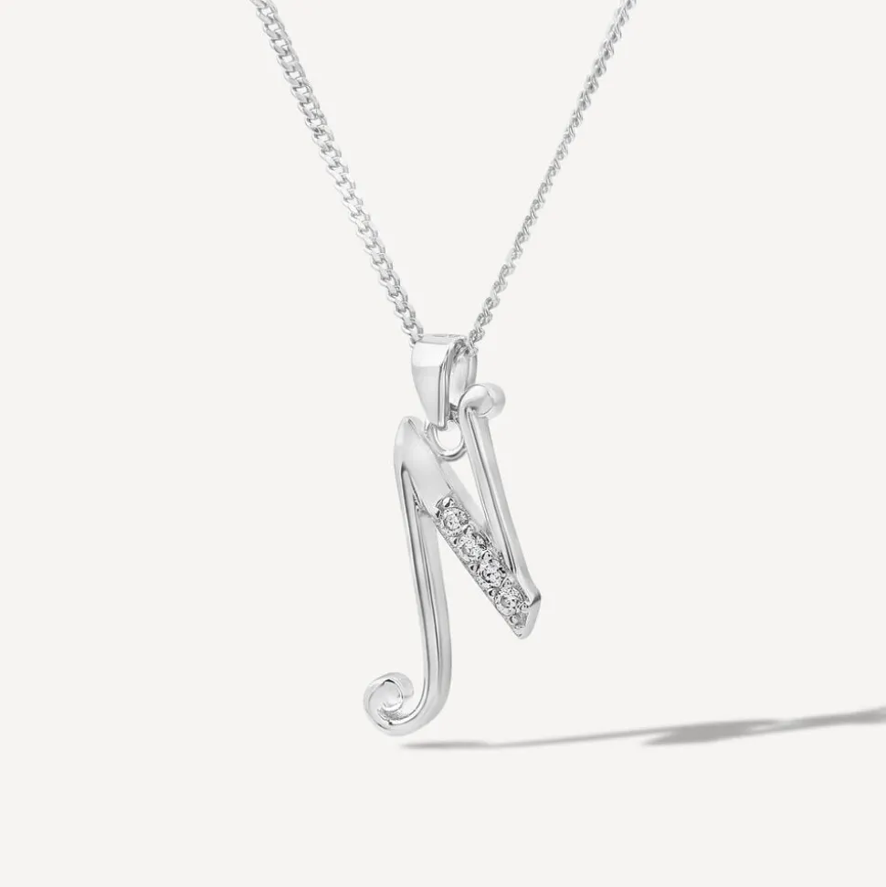 Sterling Silver Script Cubic Zirconia Initial N Pendant