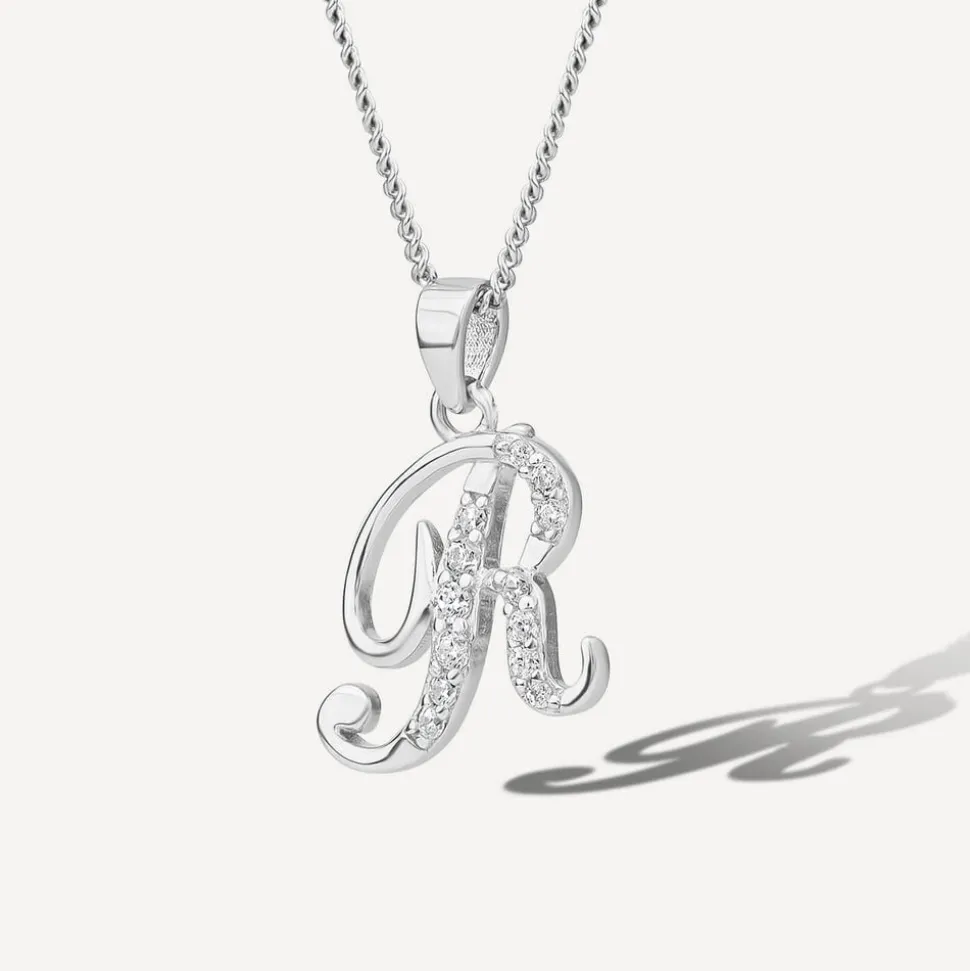 Sterling Silver Script Cubic Zirconia Initial R Pendant