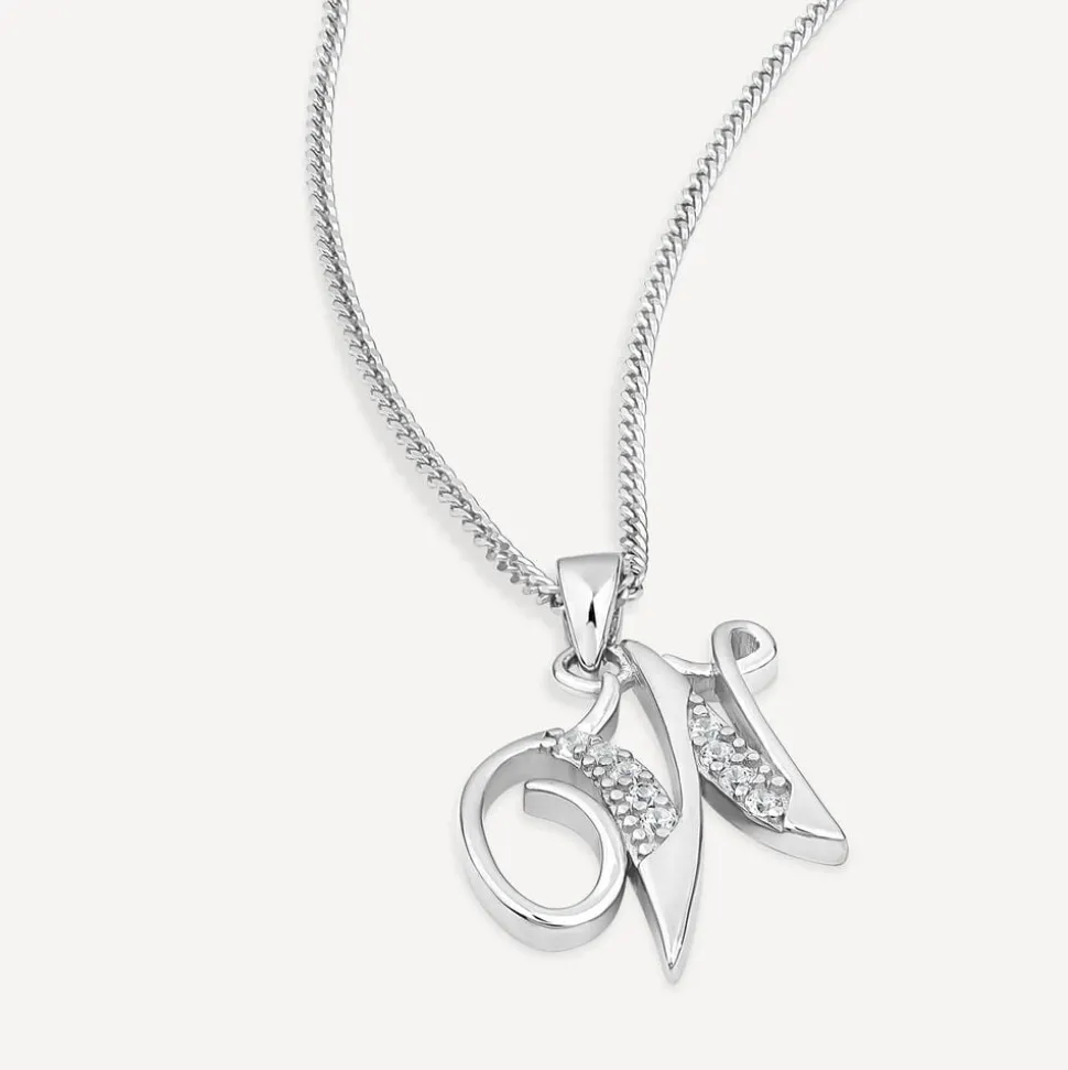 Sterling Silver Script Cubic Zirconia Initial W Pendant