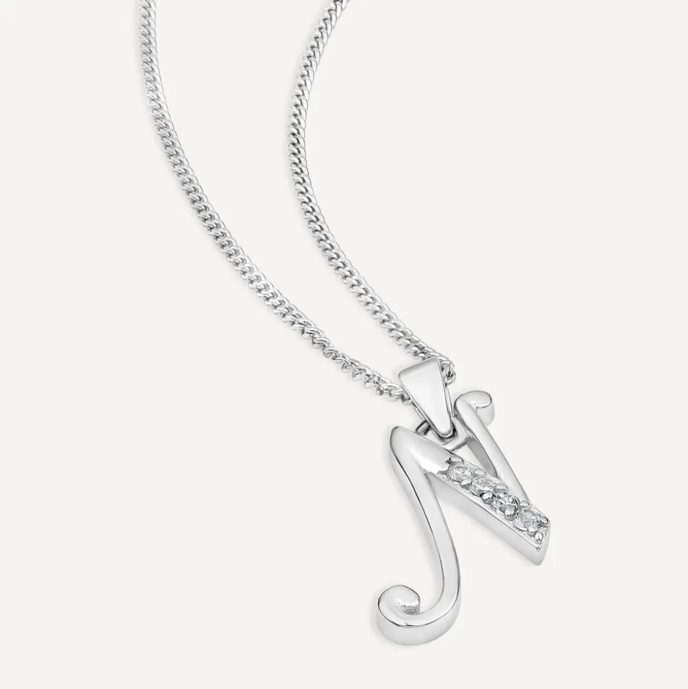 Sterling Silver Script Cubic Zirconia Initial N Pendant