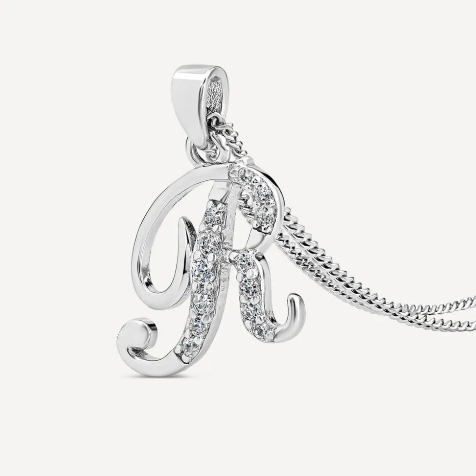Sterling Silver Script Cubic Zirconia Initial R Pendant