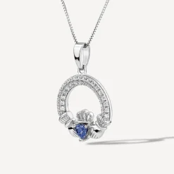 Sterling Silver September Birthstone Pave Cubic Zirconia Claddagh Pendant