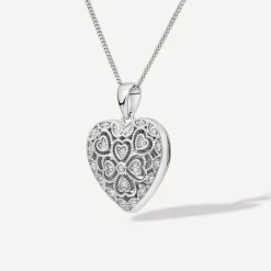 Sterling Silver Small Cubic Zirconia Antique Design Heart Locket Pendant
