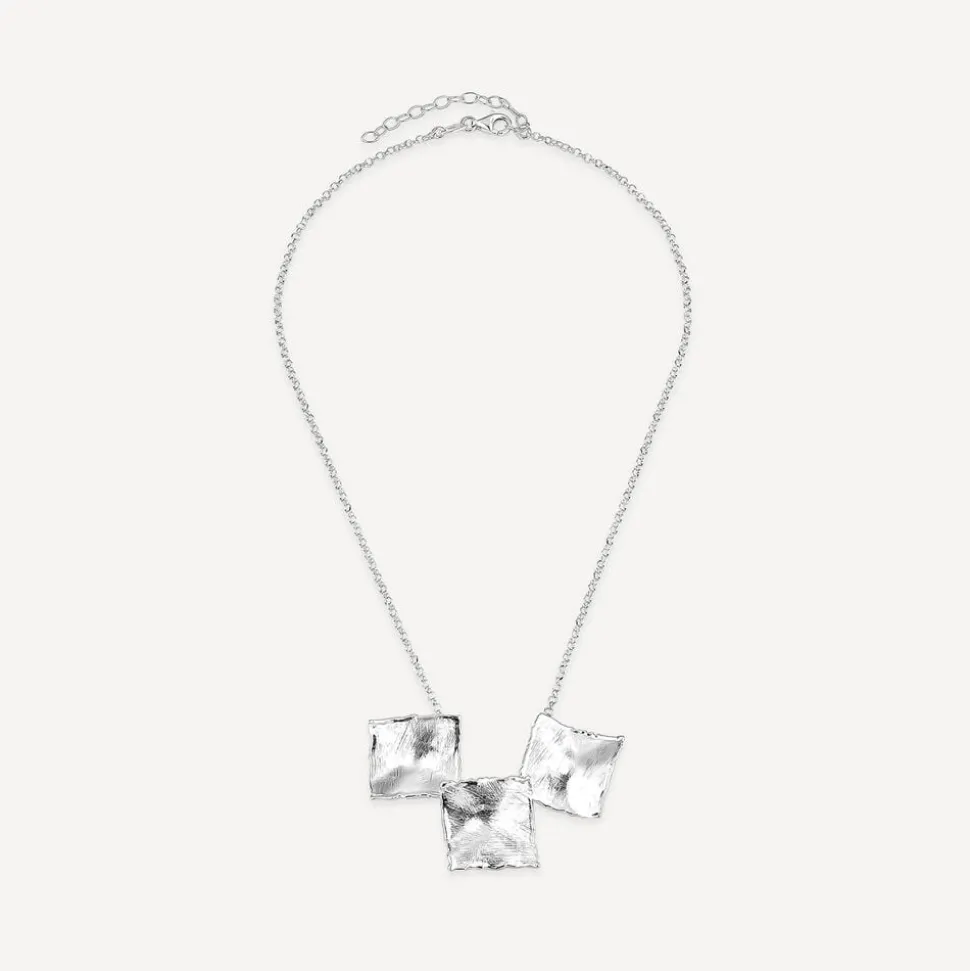 Sterling Silver Square Shaped Hammered & Brushed Finish Pendants Necklet