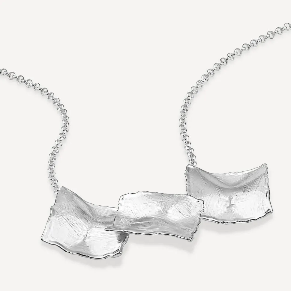 Sterling Silver Square Shaped Hammered & Brushed Finish Pendants Necklet