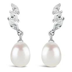Sterling Silver Three Marquise Cubic Zirconia 3 With forwarding Pearl Drop Earrings