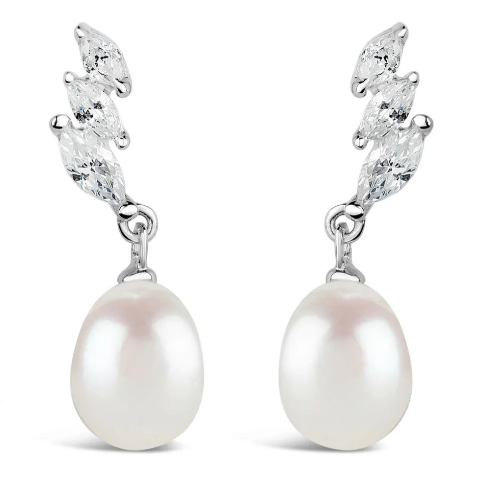 Sterling Silver Three Marquise Cubic Zirconia 3 With forwarding Pearl Drop Earrings