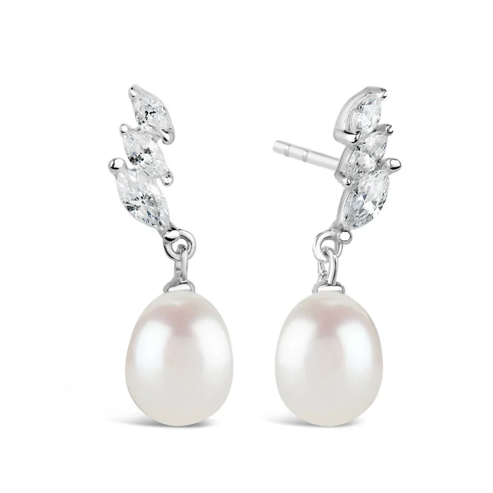 Sterling Silver Three Marquise Cubic Zirconia 3 With forwarding Pearl Drop Earrings