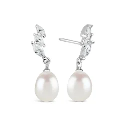 Sterling Silver Three Marquise Cubic Zirconia 3 With forwarding Pearl Drop Earrings