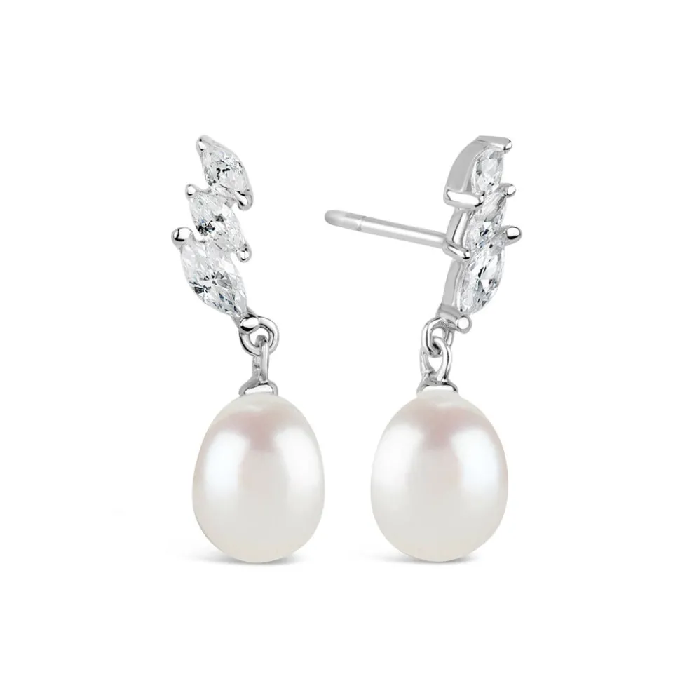 Sterling Silver Three Marquise Cubic Zirconia 3 With forwarding Pearl Drop Earrings