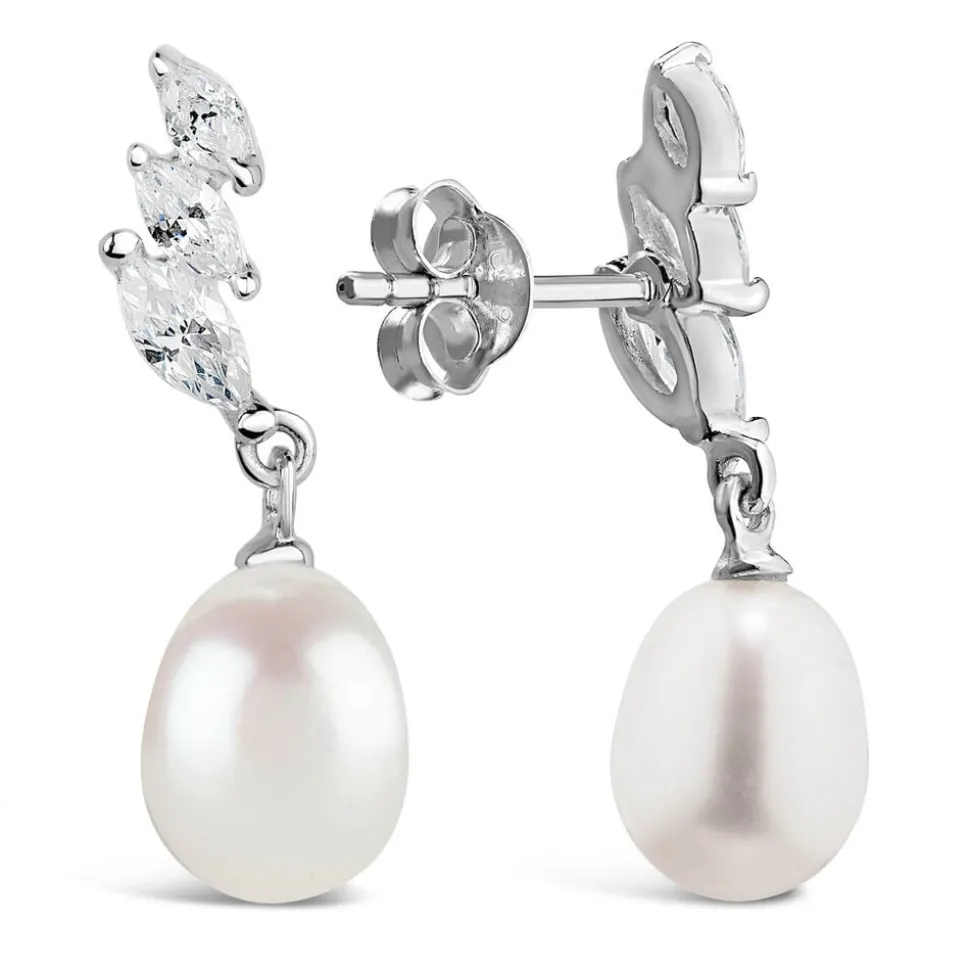 Sterling Silver Three Marquise Cubic Zirconia 3 With forwarding Pearl Drop Earrings