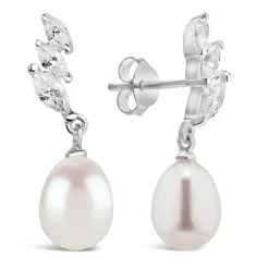 Sterling Silver Three Marquise Cubic Zirconia 3 With forwarding Pearl Drop Earrings