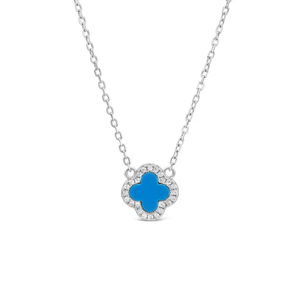 Sterling Silver Turqoise Centre Cubic Zirconia Set Clover Petal Necklet