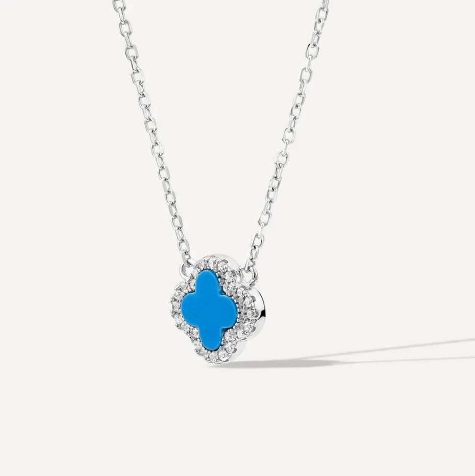 Sterling Silver Turqoise Centre Cubic Zirconia Set Clover Petal Necklet