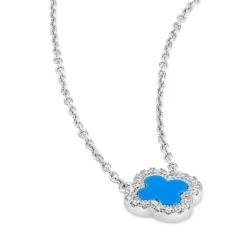 Sterling Silver Turqoise Centre Cubic Zirconia Set Clover Petal Necklet