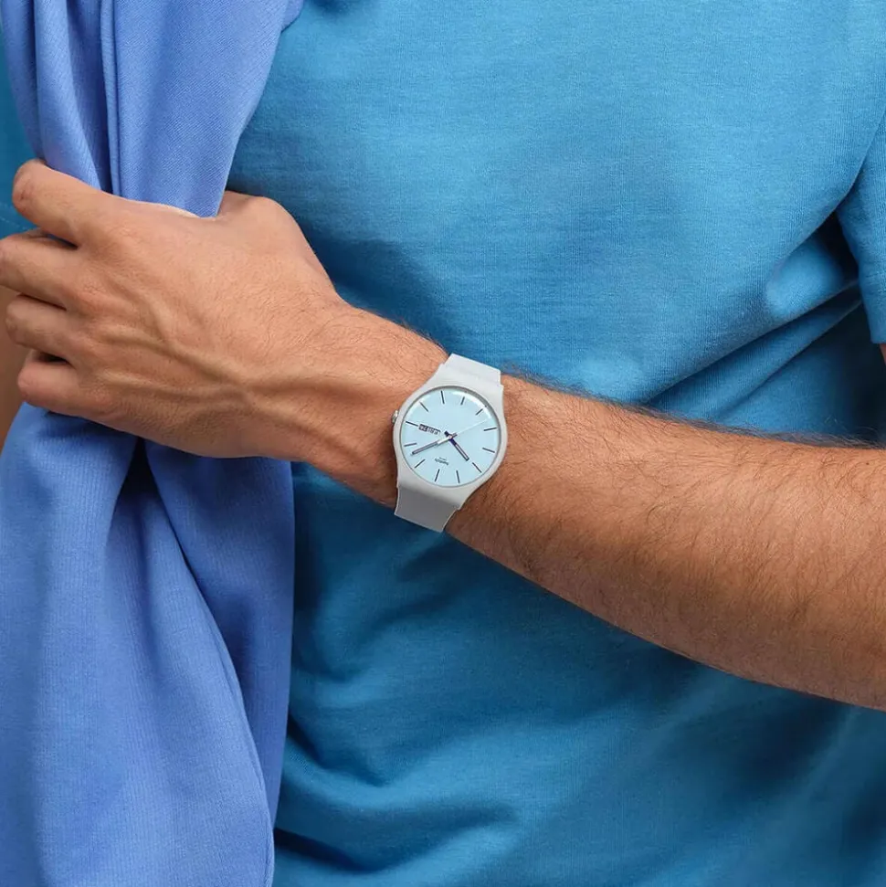 Swatch Blueberry Sky 41mm Light Blue Dial Grey Silicone Strap Watch